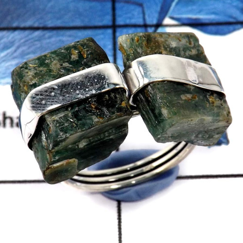 Green Kyanite Rough Stone H - PSR743-Solid 925 Silver Plain Setting Natural Green Kyanite Rough Stone Ring