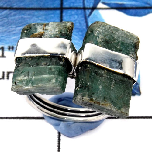 Green Kyanite Rough Stone O - PSR743-Solid 925 Silver Plain Setting Natural Green Kyanite Rough Stone Ring