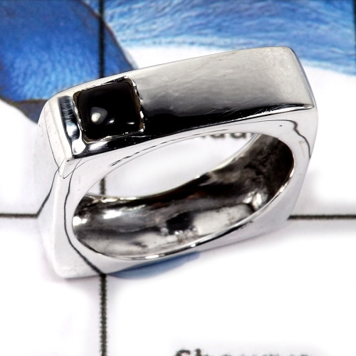 Black Onyx Cab E - SCR801-Solid 925 Sterling Silver Party Look Cut Gemstone Casting Ring