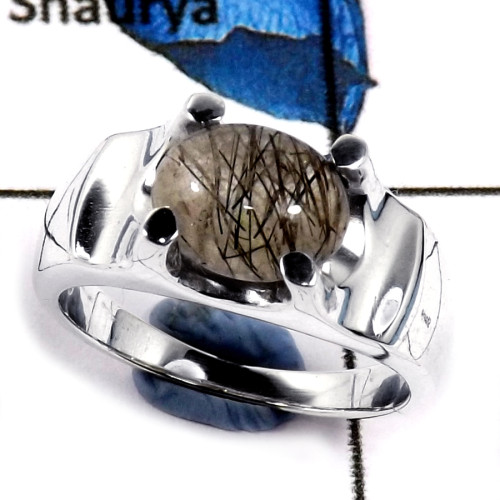 Black Rutile Cab B - SCR800-Semiprecious Cab Gemstone Casting Ring Solid 925 Sterling Silver