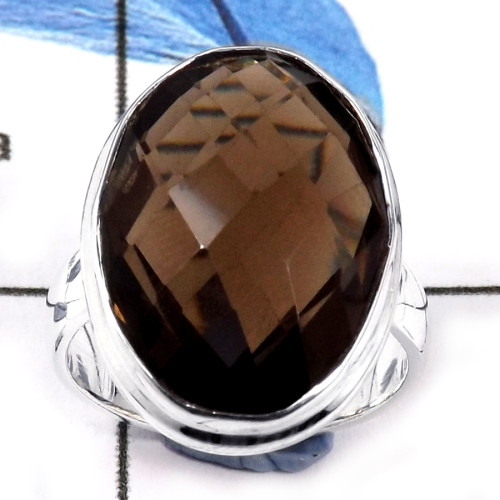 Smokey Cut F - CMJ838-Party Look Semiprecious Cut Gemstone 925 Sterling Silver Ring