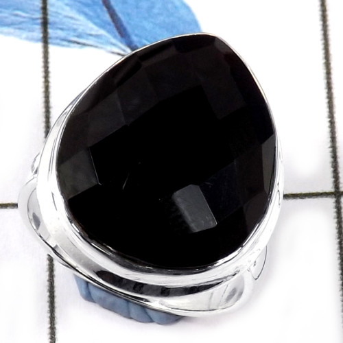 Black Onyx Cut L - CMJ838-Party Look Semiprecious Cut Gemstone 925 Sterling Silver Ring