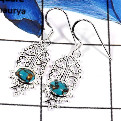 Blue Copper Turquoise Cab I - CES944-Latest Casting Design 925 Sterling Silver Earrings Stunning Cabochon Gemstone Blue Copper Turquoise Cab I - CES944-Latest Casting Design 925 Sterling Silver Earrings Stunning Cabochon Gemstone