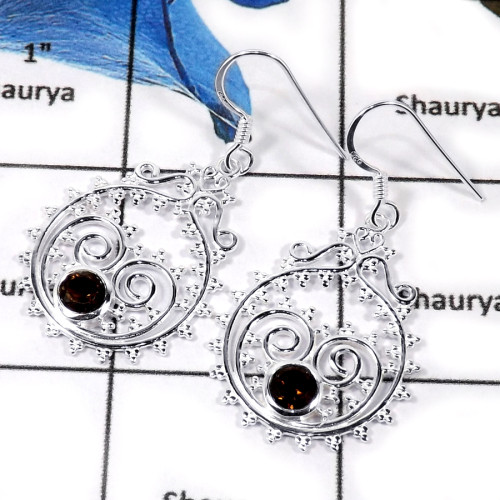 Smokey Cut A - CES941-Solid 925 Sterling Silver Cut Semiprecious Gemstone Casting Earrings