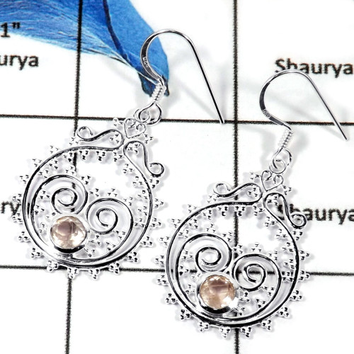 Rose Quartz Cut B - CES941-Solid 925 Sterling Silver Cut Semiprecious Gemstone Casting Earrings