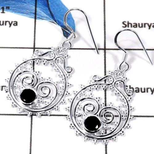 Black Onyx Cut O - CES941-Solid 925 Sterling Silver Cut Semiprecious Gemstone Casting Earrings