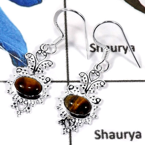 Tiger Eye Cab A - CES940-Natural Cab & Cut Gemstone Casting Earrings 925 Sterling Silver