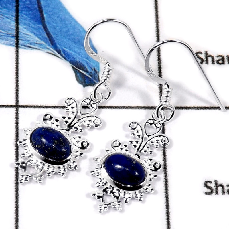 Lapis Cab B - CES940-Natural Cab & Cut Gemstone Casting Earrings 925 Sterling Silver