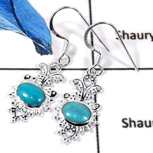 Blue Turquoise Cab E - CES940-Natural Cab & Cut Gemstone Casting Earrings 925 Sterling Silver