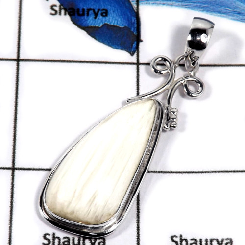 Selenite Cab C - SD517-Exclusive Collection Natural Gemstone 925 Sterling Silver Designer Pendant