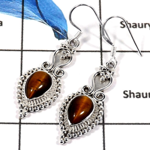 Tiger Eye Cab C - SDE662-Natural Semiprecious Cab Gemstone Designer Earrings 925 Sterling Silver