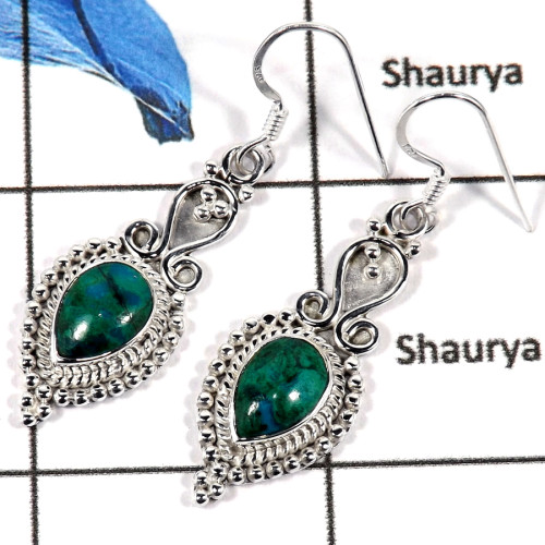 Chrysocolla Cab D - SDE662-Natural Semiprecious Cab Gemstone Designer Earrings 925 Sterling Silver