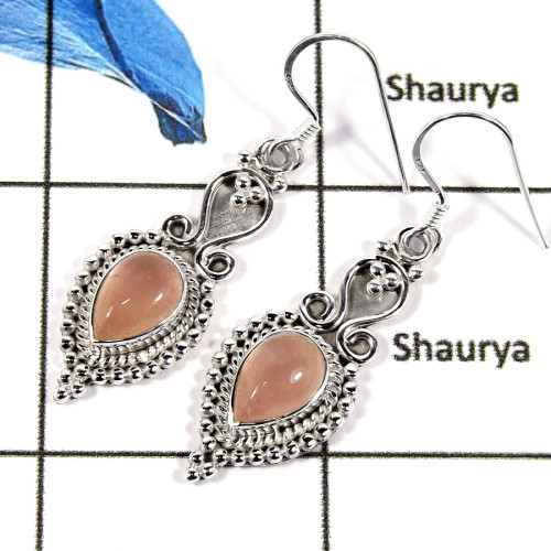Rose Quartz Cab E - SDE662-Natural Semiprecious Cab Gemstone Designer Earrings 925 Sterling Silver
