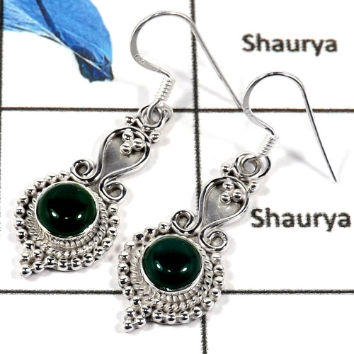 Green Onyx Cab H - SDE662-Natural Semiprecious Cab Gemstone Designer Earrings 925 Sterling Silver