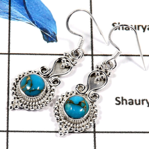 Blue Copper Turquoise Cab I - SDE662-Natural Semiprecious Cab Gemstone Designer Earrings 925 Sterling Silver