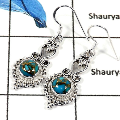 Blue Copper Turquoise Cab J - SDE662-Natural Semiprecious Cab Gemstone Designer Earrings 925 Sterling Silver
