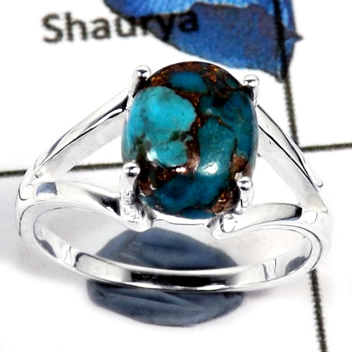 Blue Copper Turquoise Cab C - CMJ828-Natural Semiprecious Gemstone 925 Sterling Silver Ring