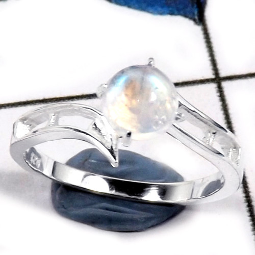 Rainbow Moonstone Cab H - CMJ828-Natural Semiprecious Gemstone 925 Sterling Silver Ring