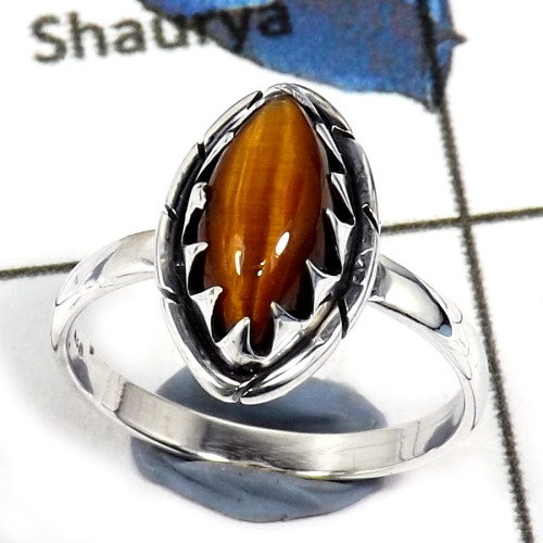 Tiger Eye Cab O - CMJ828-Natural Semiprecious Gemstone 925 Sterling Silver Ring