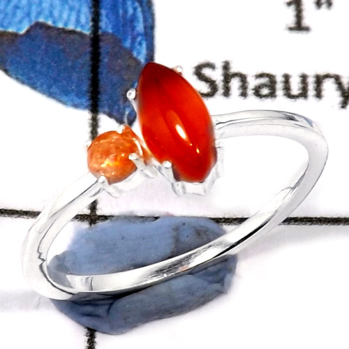 Carnelian & Sunstone Cab C - SFJ892-Party Wear Semiprecious Cab Gemstone Light Weight Ring 925 Sterling Silver