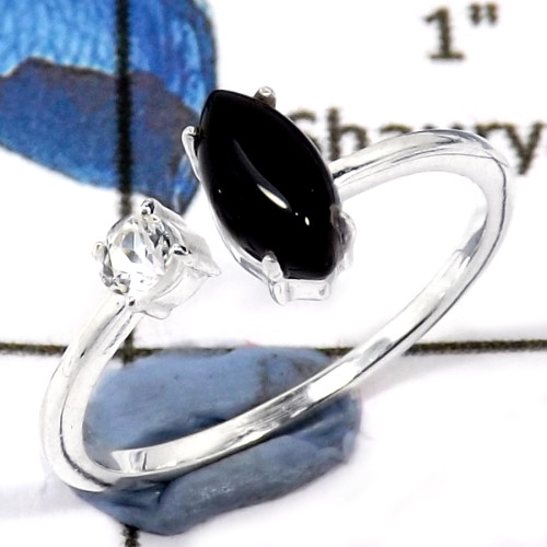 Black Onyx Cab & Crystal Cut E - SFJ892-Party Wear Semiprecious Cab Gemstone Light Weight Ring 925 Sterling Silver
