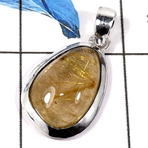 Golden Rutile Cab A - ISP609-Natural Golden Rutile Gemstone Plain Setting Pendant 925 Sterling Silver