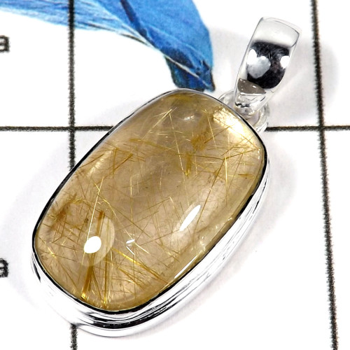 Golden Rutile Cab C - ISP609-Natural Golden Rutile Gemstone Plain Setting Pendant 925 Sterling Silver