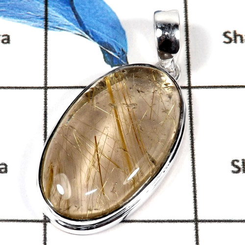 Golden Rutile Cab E - ISP609-Natural Golden Rutile Gemstone Plain Setting Pendant 925 Sterling Silver