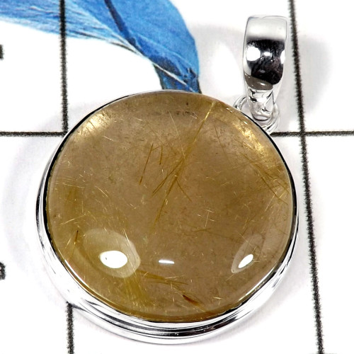 Golden Rutile Cab F - ISP609-Natural Golden Rutile Gemstone Plain Setting Pendant 925 Sterling Silver