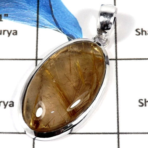 Golden Rutile Cab G - ISP609-Natural Golden Rutile Gemstone Plain Setting Pendant 925 Sterling Silver
