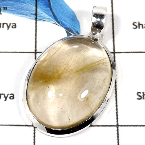 Golden Rutile Cab H - ISP609-Natural Golden Rutile Gemstone Plain Setting Pendant 925 Sterling Silver