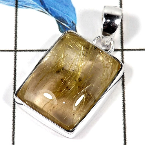 Golden Rutile Cab O - ISP609-Natural Golden Rutile Gemstone Plain Setting Pendant 925 Sterling Silver