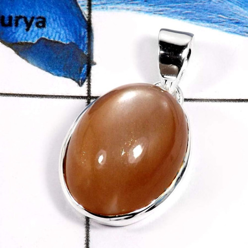 Peach Moonstone Cab F - CMJ821-Semiprecious Cabochon Gemstone 925 Sterling Silver Pendant