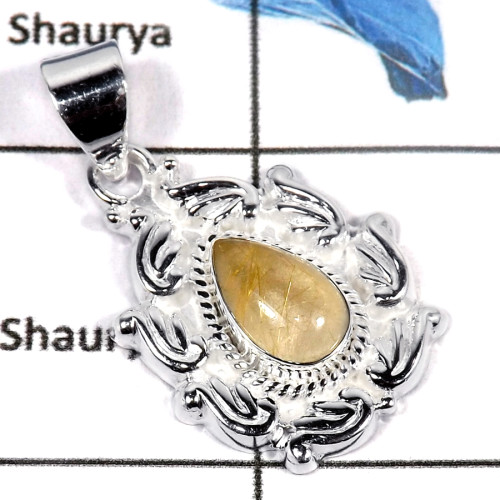Golden Rutile Cab C - CMJ817-Indian Factory Made Cab Gemstone Pendant Solid 925 Sterling Silver