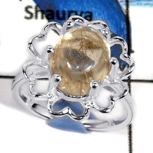 Golden Rutile Cab D - CMJ805-Party Look Cab Gemstone Solid 925 Sterling Silver Wholesale Ring