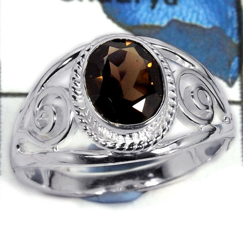 Smokey Cut F - CMJ804-Handmade Design Cut Gemstone Solid 925 Sterling Silver Ring