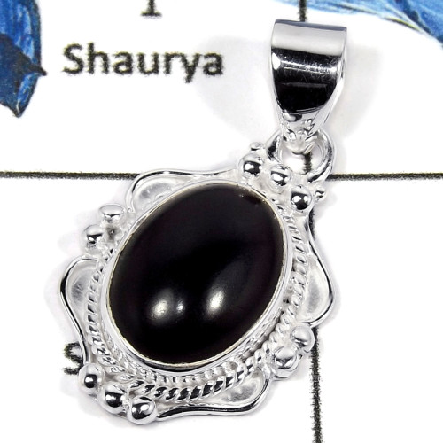 Black Onyx Cab A - CMJ789-Indian Factory Made Semiprecious Gemstone Pendant 925 Sterling Silver