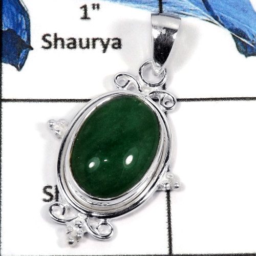 Green Aventurine Cab B - CMJ789-Indian Factory Made Semiprecious Gemstone Pendant 925 Sterling Silver
