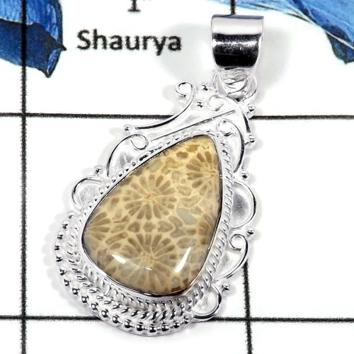 Fossil Coral Cab E - CMJ789-Indian Factory Made Semiprecious Gemstone Pendant 925 Sterling Silver