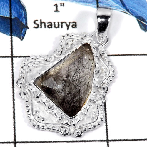 Black Rutile Cut H - CMJ789-Indian Factory Made Semiprecious Gemstone Pendant 925 Sterling Silver
