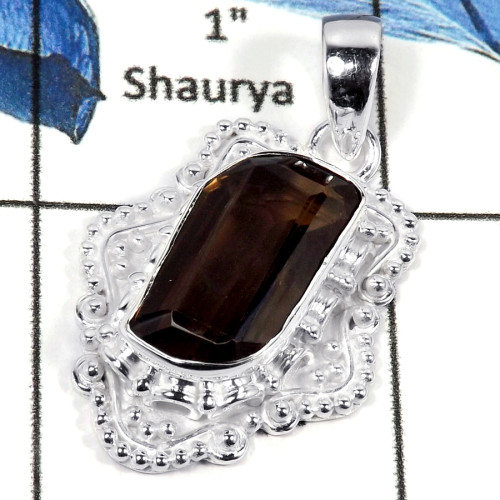 Smokey Cut I - CMJ789-Indian Factory Made Semiprecious Gemstone Pendant 925 Sterling Silver
