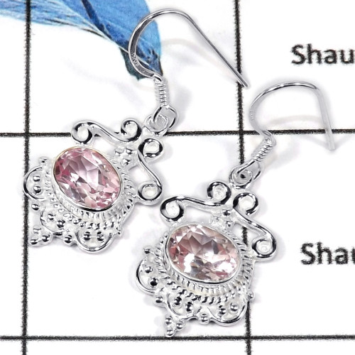 Pink Topaz Cut B - CMJ780-Natural Semiprecious Cut Gemstone 925 Sterling Silver Dangle Earrings