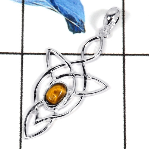 Tiger Eye Cab O - CSP919-Gorgeous Cabochon Gemstone 925 Sterling Silver Celtic Style Pendant