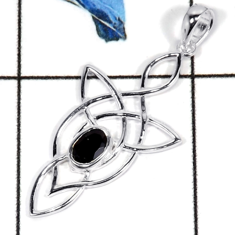 Black Onyx Cut A - CSP918-Natural Semiprecious Cut Gemstone Celtic Design Casting Pendant 925 Sterling Silver