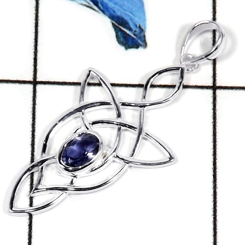Iolite Cut F - CSP918-Natural Semiprecious Cut Gemstone Celtic Design Casting Pendant 925 Sterling Silver