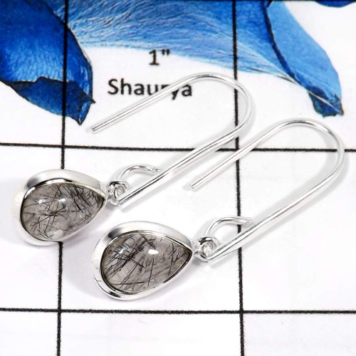 Black Rutile Cab B - SDE657-Party Wear Black Rutile Gemstone Long Dangle Earrings 925 Sterling Silver