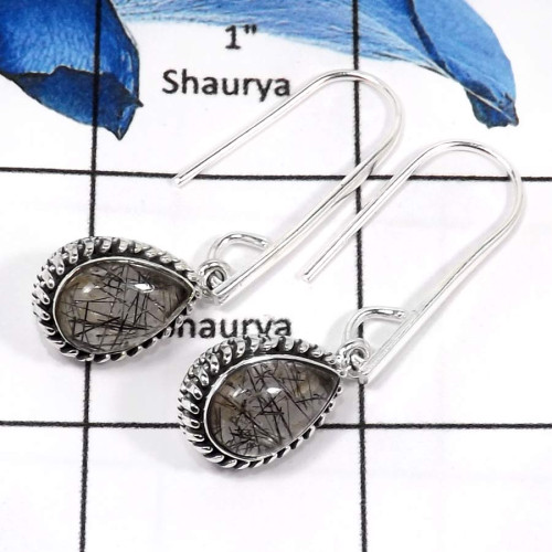 Black Rutile Cab D - SDE657-Party Wear Black Rutile Gemstone Long Dangle Earrings 925 Sterling Silver