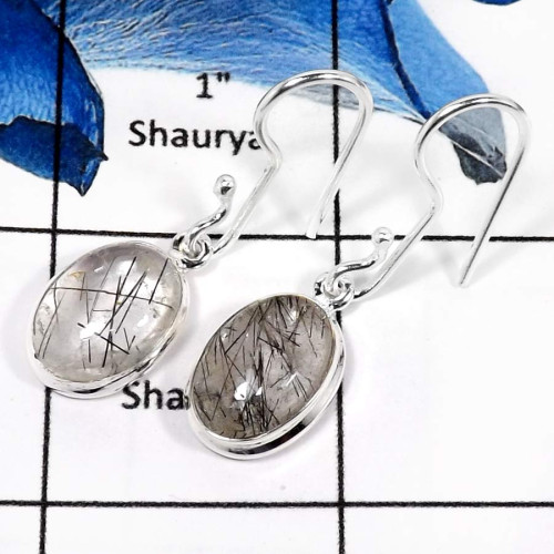 Black Rutile Cab F - SDE657-Party Wear Black Rutile Gemstone Long Dangle Earrings 925 Sterling Silver