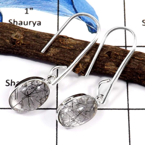 Black Rutile Cab O - SDE657-Party Wear Black Rutile Gemstone Long Dangle Earrings 925 Sterling Silver