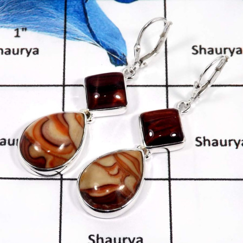Sandstone & Tiger Eye Cab G - SDE650-Solid 925 Sterling Silver Sandstone & Tiger Eye Gemstone Party Wear Earrings